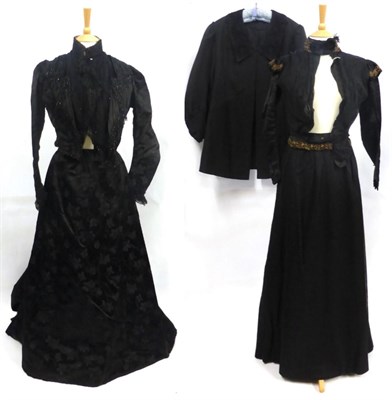 Lot 2125 - Late Victorian Black Brocade Two Piece Costume, comprising a fitted long sleeved bodice, with heavy