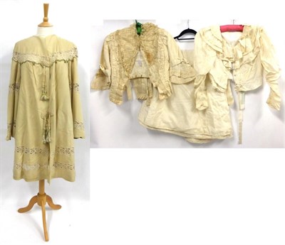 Lot 2126 - Circa 1880s Cream Silk Two Piece Costume, comprising a fitted bodice with long sleeves and gathered