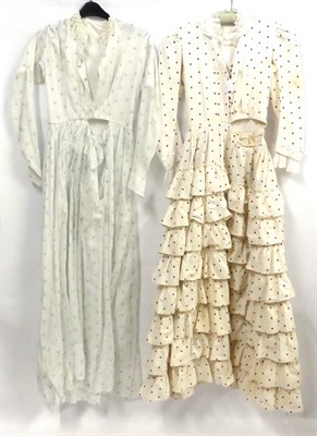 Lot 2128 - 19th Century White Cotton Dress, printed with purple polka dots, long sleeves, tiered skirt to...