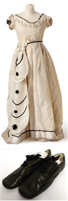 Lot 2130 - Circa Late 1860s Century Cream Silk Evening Dress, with short capped sleeves, pleated silk...