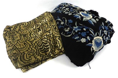 Lot 2157 - Circa 1920s Chinese Black Silk Shawl, embroidered with flowers in white and blue silks and...