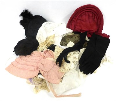 Lot 2159 - Assorted 19th Century and Later Costume Accessories including a  red silk calash, pair of black kid