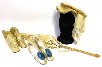 Lot 2164 - Two Pairs of Circa 1870/80s Lady's Cream Silk Boots, with elasticated sides, blue pom pom...