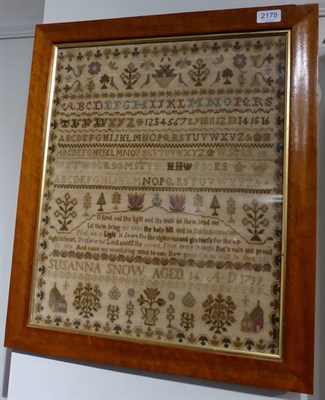 Lot 2178 - Alphabet Sampler Worked by Susanna Snow, Aged 14 Dated 1799, with central verse and decorative...