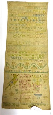 Lot 2179 - Unframed 18th Century Band Sampler Worked by Damares Parran Dated 1726, worked in coloured silks in