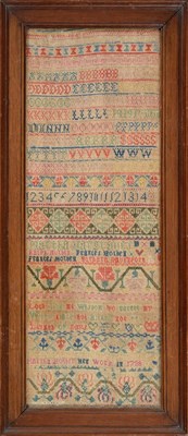 Lot 2181 - 18th Century Band Sampler Worked by Martha Holden Dated 1738, using coloured threads, with alphabet