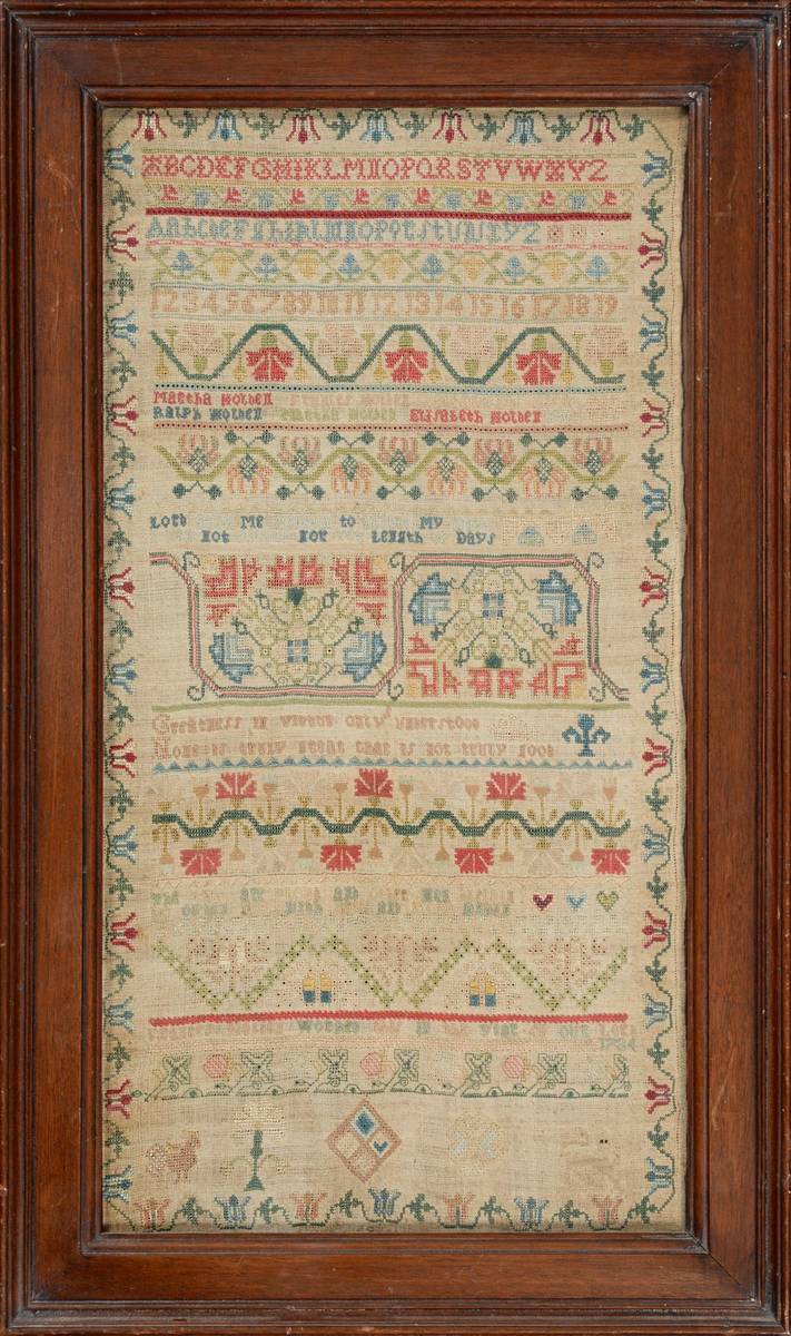 Lot 2182 - 18th Century Band Sampler Worked by Frances Holden Dated 1734, using coloured threads, with...