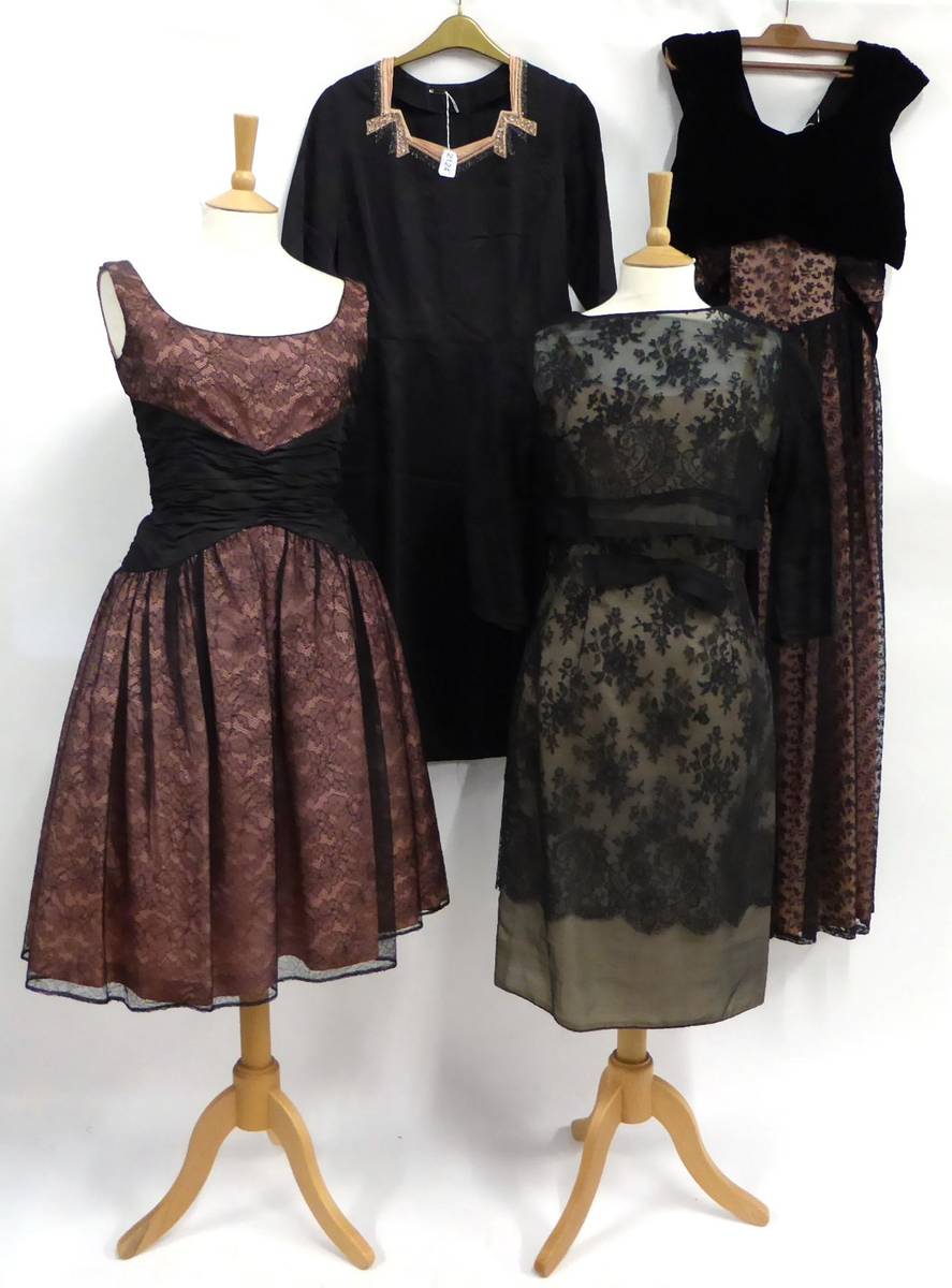 Lot 2124 - Four Circa 1940s to 1960s Dresses, including a black satin cocktail dress, three quarter length...