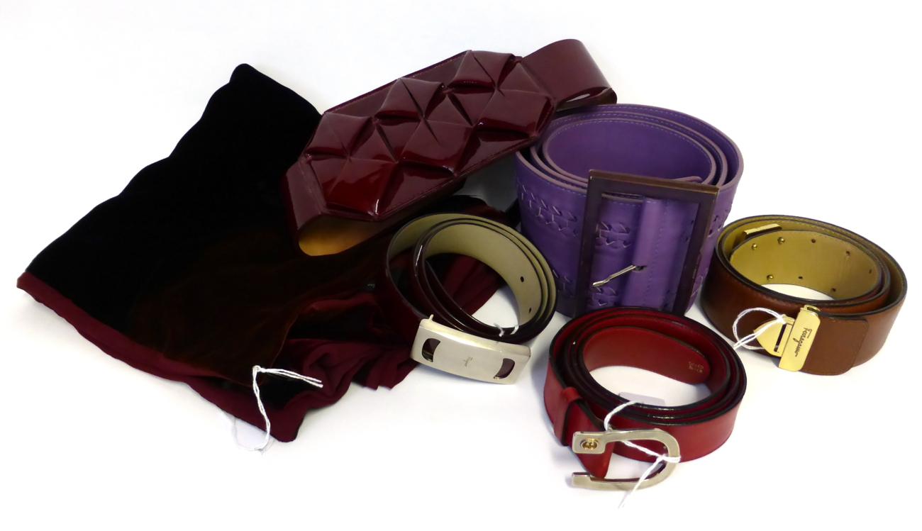 Lot 2145 - Assorted Modern Costume Accessories including three Salvatore Ferragamo Belts, a purple leather...