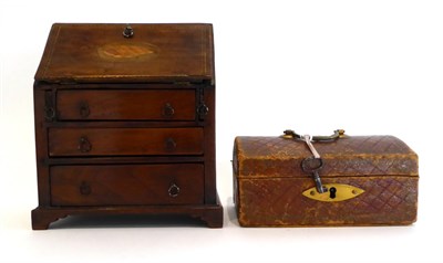 Lot 2008 - Georgian Style Mahogany Miniature Bureau, with shell and line inlay, burr walnut sides, fitted with