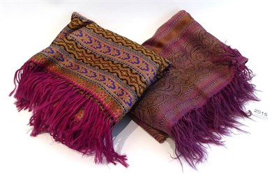 Lot 2015 - Black and Purple Striped Paisley Type Shawl, 170cm by 180cm; and Another Similar in Green and...