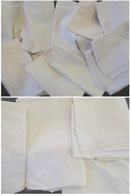 Lot 2017 - Assorted White Damask Linen Table Cloths and Napkins, various sizes (two boxes)