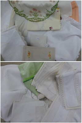 Lot 2018 - Assorted White Cotton Table and Bed Linen, coloured and embroidered cloths etc (two boxes)