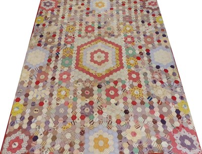 Lot 2027 - 19th Century Patchwork Cover, comprising printed hexagonal shaped cottons, with large hexagon...