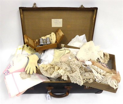 Lot 2036 - Assorted Lace and Crochet Collars and Trims, handkerchiefs, small box containing opera glasses,...