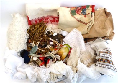 Lot 2042 - Assorted Lace, Linen and Haberdashery, including coloured silk ribbons, a length of black/cream...