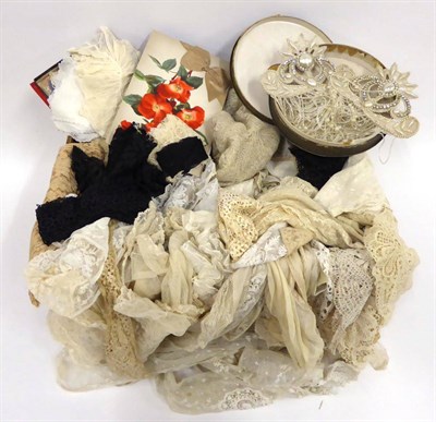 Lot 2046 - Assorted 19th Century and Later Lace Trims, crochet edgings, modesty panels, two silk aprons...