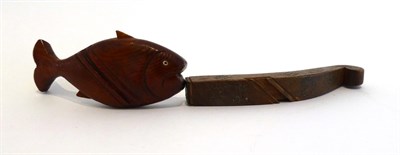 Lot 2059 - 19th Century Treen Representational Knitting Stick, modelled as a fish, with inlaid eyes and...