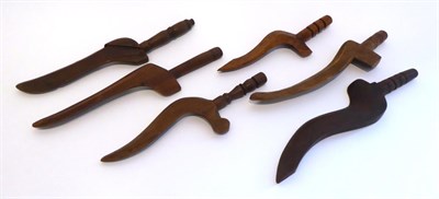 Lot 2063 - Six 19th Century Assorted Gull Wing Knitting Sheaths, with turned handles, two with carved...