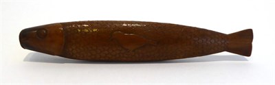 Lot 2078 - 19th Century Treen Representational Knitting Stick, modelled as a fish, carved with scales and...