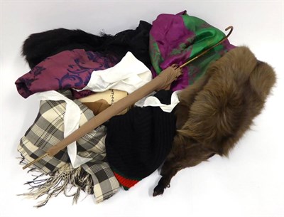 Lot 2087 - Assorted Costume Accessories, including modesty panels, two fur stoles, parasol, black silk...