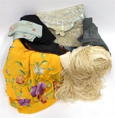 Lot 2103 - Assorted Costume Accessories, including a cream silk shawl with tassel trim; another in bright...