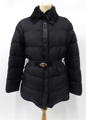 Lot 2115 - Prada Sport Black Quilted Down Filled Jacket, with black leather trim, belt and fur trimmed collar