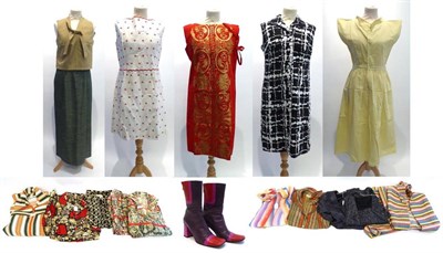 Lot 2130 - Assorted Mid 20th Century Costume, including Dumarsel black and white sleeveless shirt dress; white