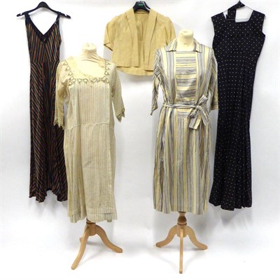 Lot 2181 - Assorted 1920s/30s Costume, comprising a dark blue and cream polka dot evening dress, with...