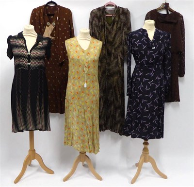 Lot 2183 - Assorted 1920s/30s and Later Costume, including a brown leaf print silk chiffon bias cut dress,...