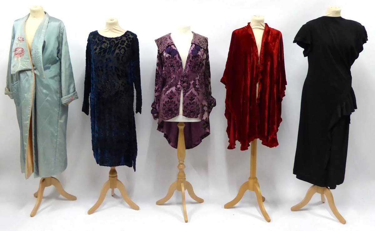 Lot 2197 - Early 20th Century Costume, including black chiffon and blue cut velvet dress of floral design with