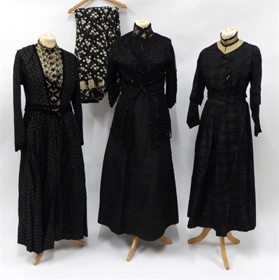 Lot 2199 - Victorian and Later Costume, comprising a black silk self patterned check two piece; a velvet...