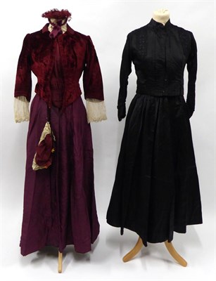 Lot 2200 - Late 19th/Early 20th Century Costume, comprising a black silk self patterned spot two piece; a...