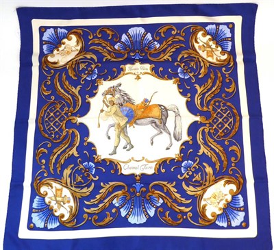 Lot 2224 - Hermes Silk Scarf Cheval Turc, on a royal blue ground and cream centre, 90cm square