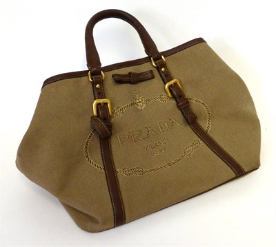 Lot 2225 - Prada Canvas Tote Handbag, with dark brown leather straps and trims, Prada logo woven to the...