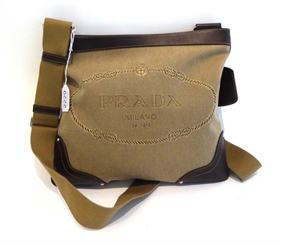 Lot 2229 - Prada Canvas Shoulder Bag, with dark brown leather trims, Prada logo woven to the front of the bag