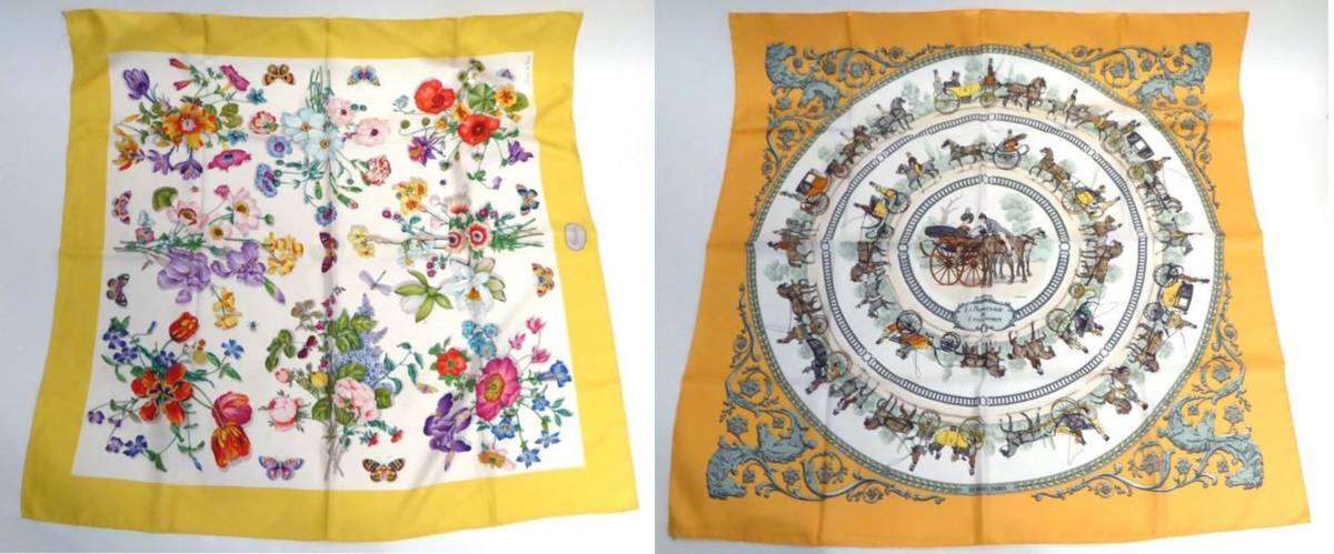 Lot 2239 - Hermes Silk Scarf, 'La Promenade de Longchamps' by Ledoux, within a yellow border, 90cm by...