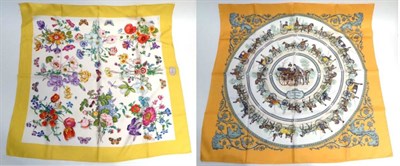 Lot 2239 - Hermes Silk Scarf, 'La Promenade de Longchamps' by Ledoux, within a yellow border, 90cm by...