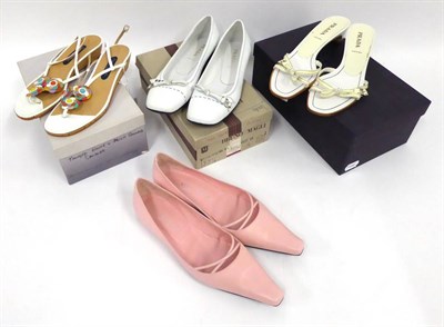 Lot 2246 - Pair of Prada White Leather Ballet Flats, with black contrast stitching, leather 'belt' style...