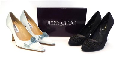 Lot 2247 - Pair of Jimmy Choo Verity Evening Shoes, in pale blue satin, with bow and diamante ball to the...