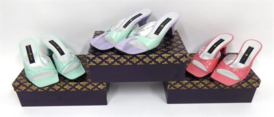 Lot 2249 - Two Pairs of Patrick Cox Leather Open Toe Heeled Mules, in pink and pale blue, with cut out...