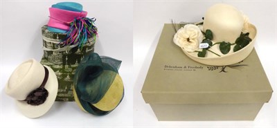 Lot 2256 - Philip Treacy London turquoise and pink straw hat with jaunty crown and coloured feather...