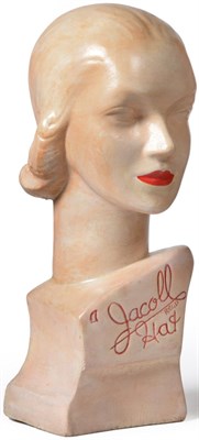 Lot 2259 - A Circa 1930s Jacoll Req'd Hat Female Millinery Advertising Bust, papier mache painted in skin...