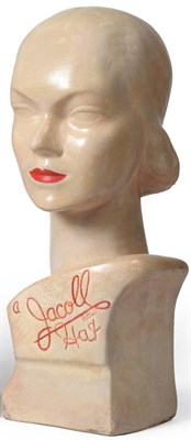 Lot 2260 - A Circa 1930s Jacoll Req'd Hat Female Millinery Advertising Bust, papier mache painted in skin...