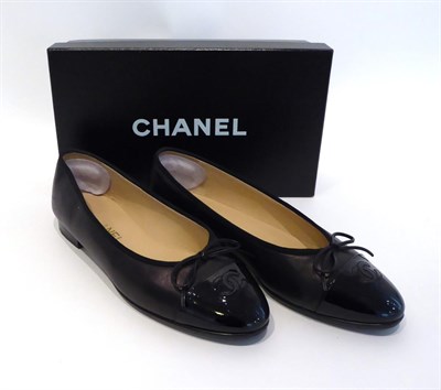 Lot 2277 - Pair of Chanel Black Leather and Patent Ballet Shoes, with dust bag and original box (size 39)