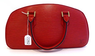 Lot 2282 - Louis Vuitton Red Epi Leather Jasmin Bag, with two leather hinged handles, brass mounts, zip to the