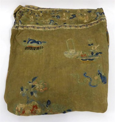 Lot 2294 - A Late 19th Century Chinese Silk Embroidered Panel, on green figured silk, 190cm by 230cm (a.f.)