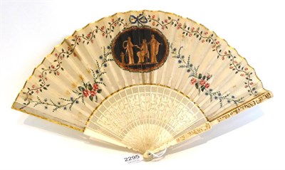 Lot 2295 - A Late 18th Century Chinese Export Carved Ivory Fan, with a gauze mount hand painted with a...