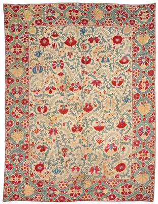 Lot 2300 - Ottoman Suzani Type Embroidered Panel, using coloured silks of foliate design, with woven...