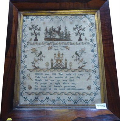 Lot 2304 - An Early 19th Century Framed Sampler Worked by Emma Caseley, Aged 9,  depicting a deer, birds...